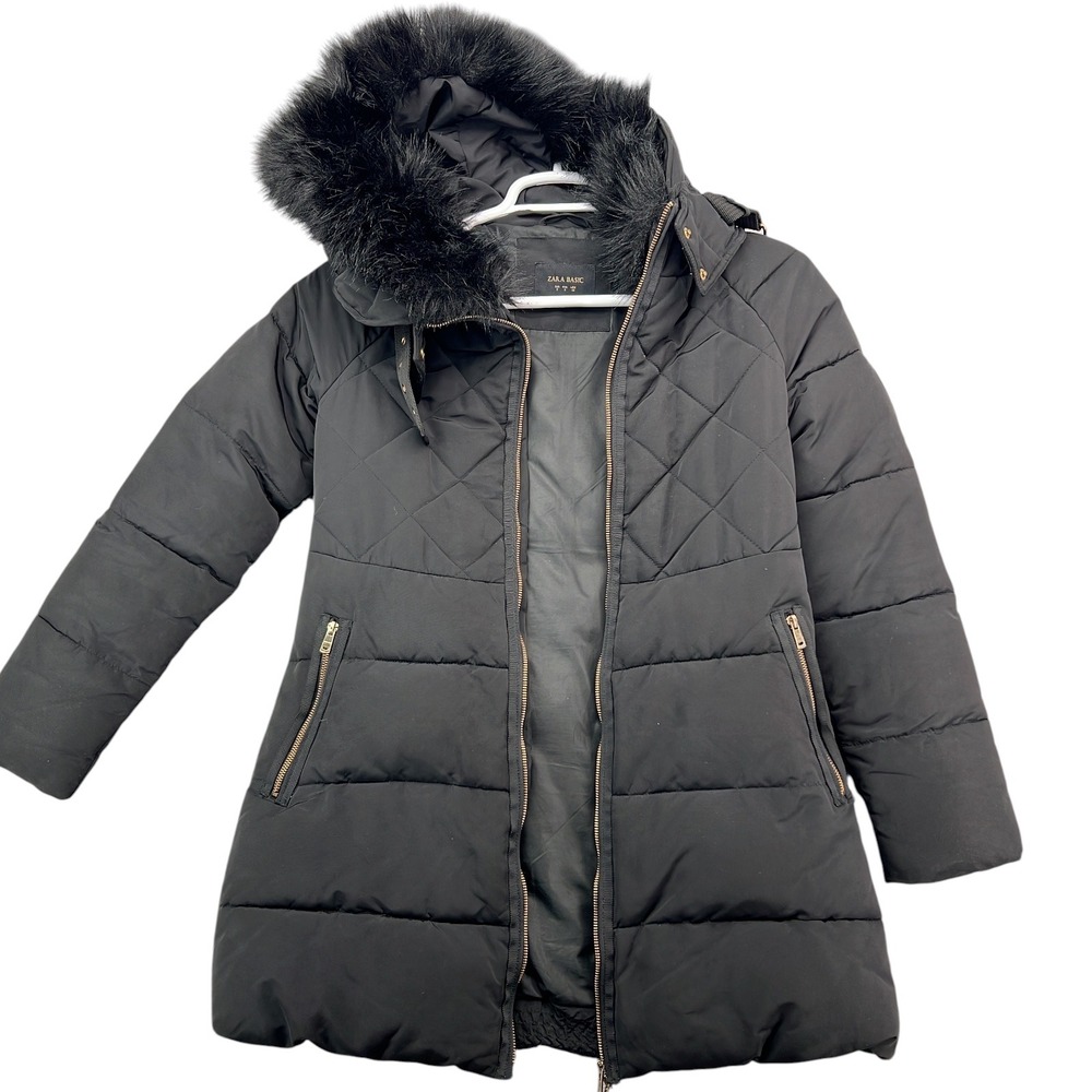 Zara Basic Puffer Coat Women Size S Black Faux Fur Hood Quilted Parka Jacket